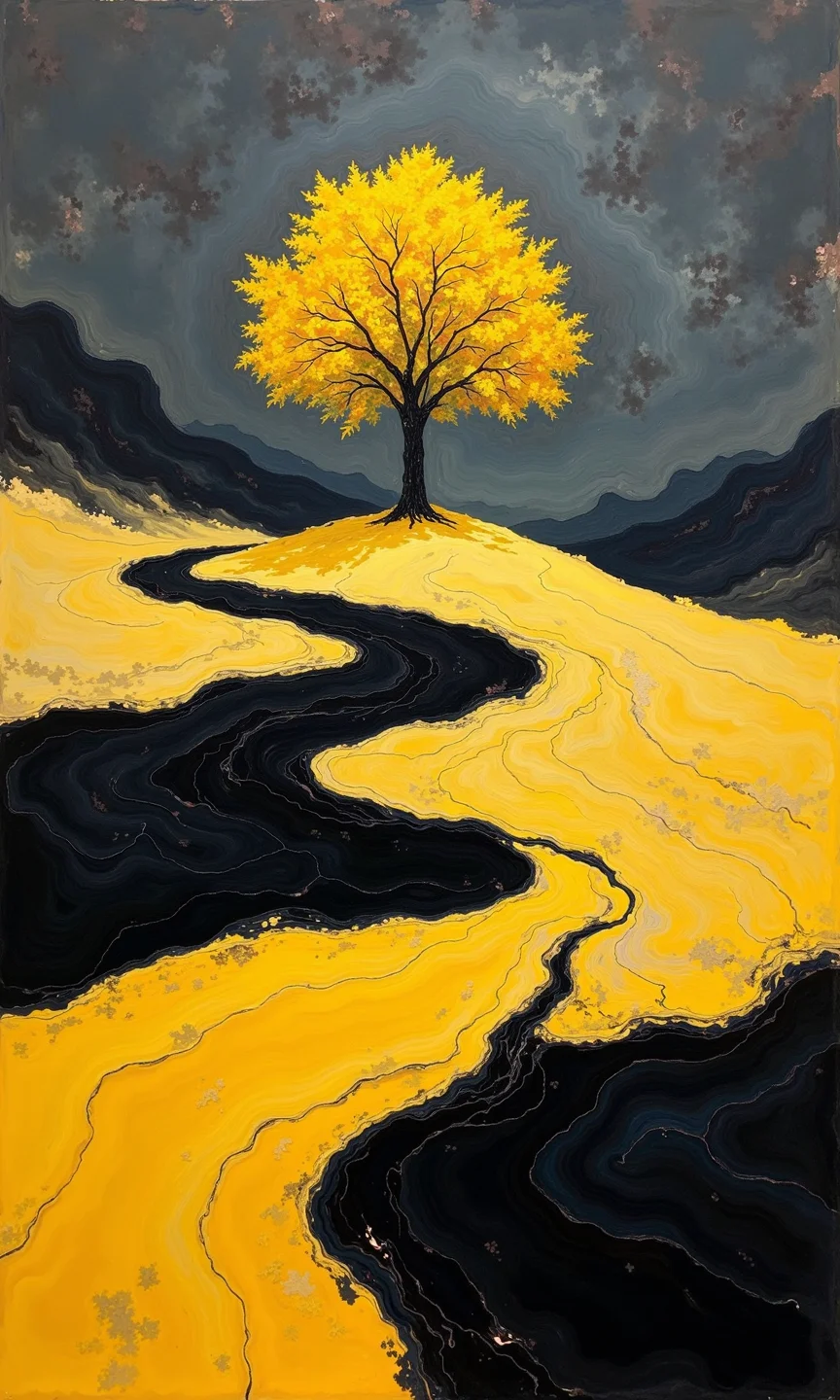 Full shot of an artistic landscape. 
A single, vibrant yellow tree stands on a gently sloping hill of a similar, but slightly darker, yellow color. The ground undulates with darker, almost black, flowing lines and swaths of the same yellow. These dark streaks resemble a winding path or riverbed, carving a design through the yellow terrain.
The background is a muted dark gray, textured with cracks and deep shadows, resembling a cloudy or stormy sky. The contrast between the bright yellow, dark black, and gray background is striking. The overall impression is one of a dramatic, stylized, and almost abstract landscape painting.
<lora:FLUX-daubrez-DB4RZ-v2:1> DB4RZ, DB4RZ style painting