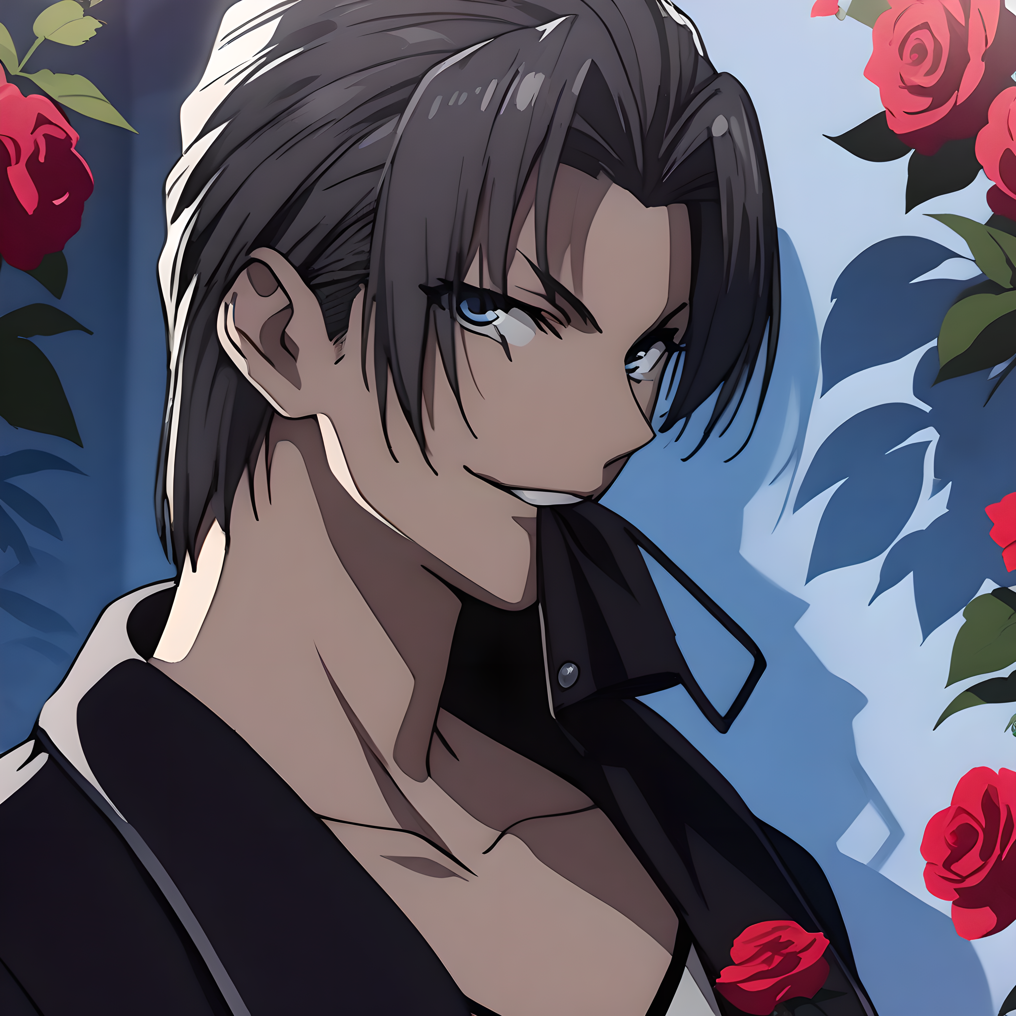 (masterpiece),(best quality),(ultra-detailed),(best illustration),(best shadow),(absurdres),(detailed background),(very aesthetic),creed diskenth, flower, rose, 1boy, solo, male focus, blue eyes, mouth hold, red flower, red rose, looking at viewer, collarbone, smirk,  <lora:creeddiskenthv1:1>