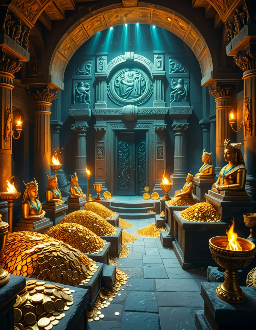 A hidden treasure chamber deep within an ancient temple, illuminated by the warm golden glow of torches and mystical blue light from enchanted crystals. The room is filled with piles of gold coins, jewel-encrusted goblets, and ancient artifacts covered in dust. Massive stone statues of forgotten deities guard the chamber, their eyes glowing faintly as if watching intruders. In the center, a grand pedestal holds a legendary artifact—an ornate golden crown encrusted with emeralds and sapphires, shimmering with an otherworldly aura. The walls are adorned with intricate carvings depicting lost civilizations, and creeping vines hint at centuries of abandonment. The atmosphere is mystical and slightly eerie, with a sense of both wonder and danger. The air is thick with the scent of aged parchment and burning incense, adding to the chamber’s ancient and mysterious feel. Cinematic lighting with dramatic shadows enhances the depth and richness of the scene, creating a visually stunning and immersive environment.
<lora:SDXLFaeTastic2400:0.4> <lora:extremely_detailed:0.4> extremely detailed, <lora:treasure_ch4mb3r:1>,treasure ch4mb3r, Masterpiece,best quality,hi res,8k,hi res,8k,award winning,(sharp focus, intricate, highly detailed),