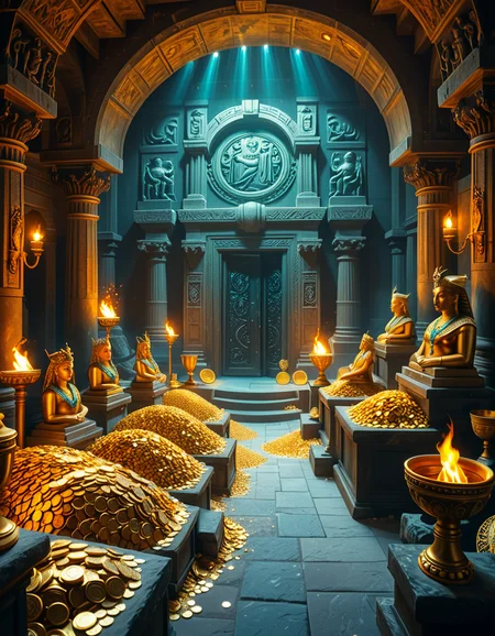 A hidden treasure chamber deep within an ancient temple, illuminated by the warm golden glow of torches and mystical blue light from enchanted crystals. The room is filled with piles of gold coins, jewel-encrusted goblets, and ancient artifacts covered in dust. Massive stone statues of forgotten deities guard the chamber, their eyes glowing faintly as if watching intruders. In the center, a grand pedestal holds a legendary artifact—an ornate golden crown encrusted with emeralds and sapphires, shimmering with an otherworldly aura. The walls are adorned with intricate carvings depicting lost civilizations, and creeping vines hint at centuries of abandonment. The atmosphere is mystical and slightly eerie, with a sense of both wonder and danger. The air is thick with the scent of aged parchment and burning incense, adding to the chamber’s ancient and mysterious feel. Cinematic lighting with dramatic shadows enhances the depth and richness of the scene, creating a visually stunning and immersive environment.
<lora:SDXLFaeTastic2400:0.4> <lora:extremely_detailed:0.4> extremely detailed, <lora:treasure_ch4mb3r:1>,treasure ch4mb3r, Masterpiece,best quality,hi res,8k,hi res,8k,award winning,(sharp focus, intricate, highly detailed),