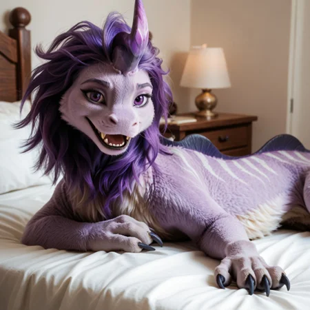 score_9, score_8_up, score_7_up, score_6_up, score_5_up, score_4_up, masterpiece, high quality, realistic, detailed, best quality, white bed, solo, rating_safe, source_furry, bedroom, smiling, open mouth smile, happy, detailed eyes, detailed face, looking at viewer, lying on belly, pranee_ratld, eastern dragon, dragon, tail, claws, horn, purple fur, purple hair, single horn, back dorsal fins, long body, purple eyes, female, 1girl, feral