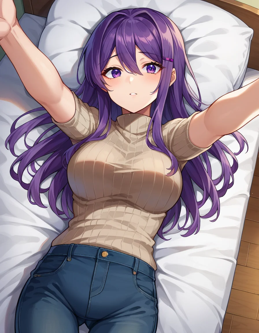 score_9, score_8_up, score_7_up, source_anime,
ddlcyuri, <lora:ddlc-yuri-ponyxl-lora-nochekaiser:1>
ddlcyuri, hair ornament, hairclip, long hair, purple eyes, purple hair,
casual clothes, grey sweater, miniskirt, pants, ribbed sweater, skirt, sweater, turtleneck, turtleneck sweater,
indoors, bed, bed room, on back, arm support, arms up, incoming hug, pov, reaching, reaching towards viewer,
looking at viewer, dutch angle, cowboy shot,