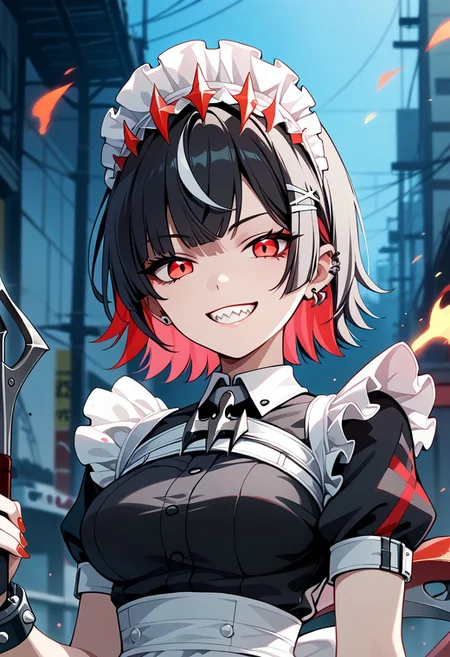 score_9,score_8_up,score_7_up,source_anime,ELLEN_JOE,1girl,solo,breasts,smile,dress,medium breasts,upper body,weapon,short sleeves,earrings,teeth,nail polish,grin,black dress,streaked hair,wrist cuffs,maid,maid headdress,piercing,sharp teeth,ear piercing,red nails,