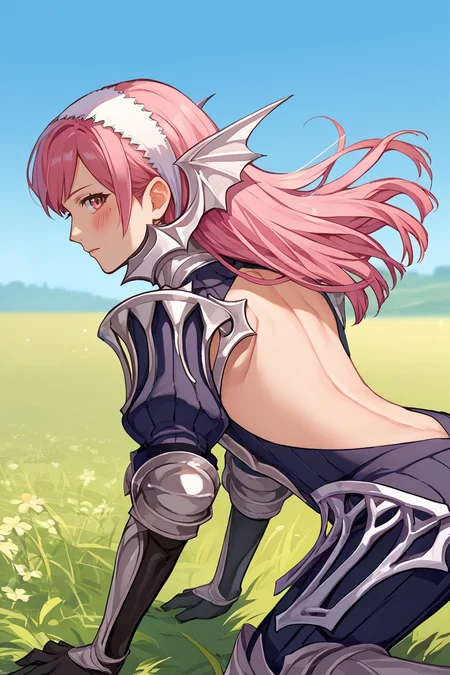 score_9, score_8_up, score_7_up, score_6_up, source_anime BREAK 1girl, solo, <lora:fecherche-pdxl-nvwls-v1-000005:1> defcherche, pink hair, white hairband, headgear, armor, armored dress, gauntlets, black gloves, armored boots, all fours, from side, backless outfit, looking at you, field, blue sky, blush