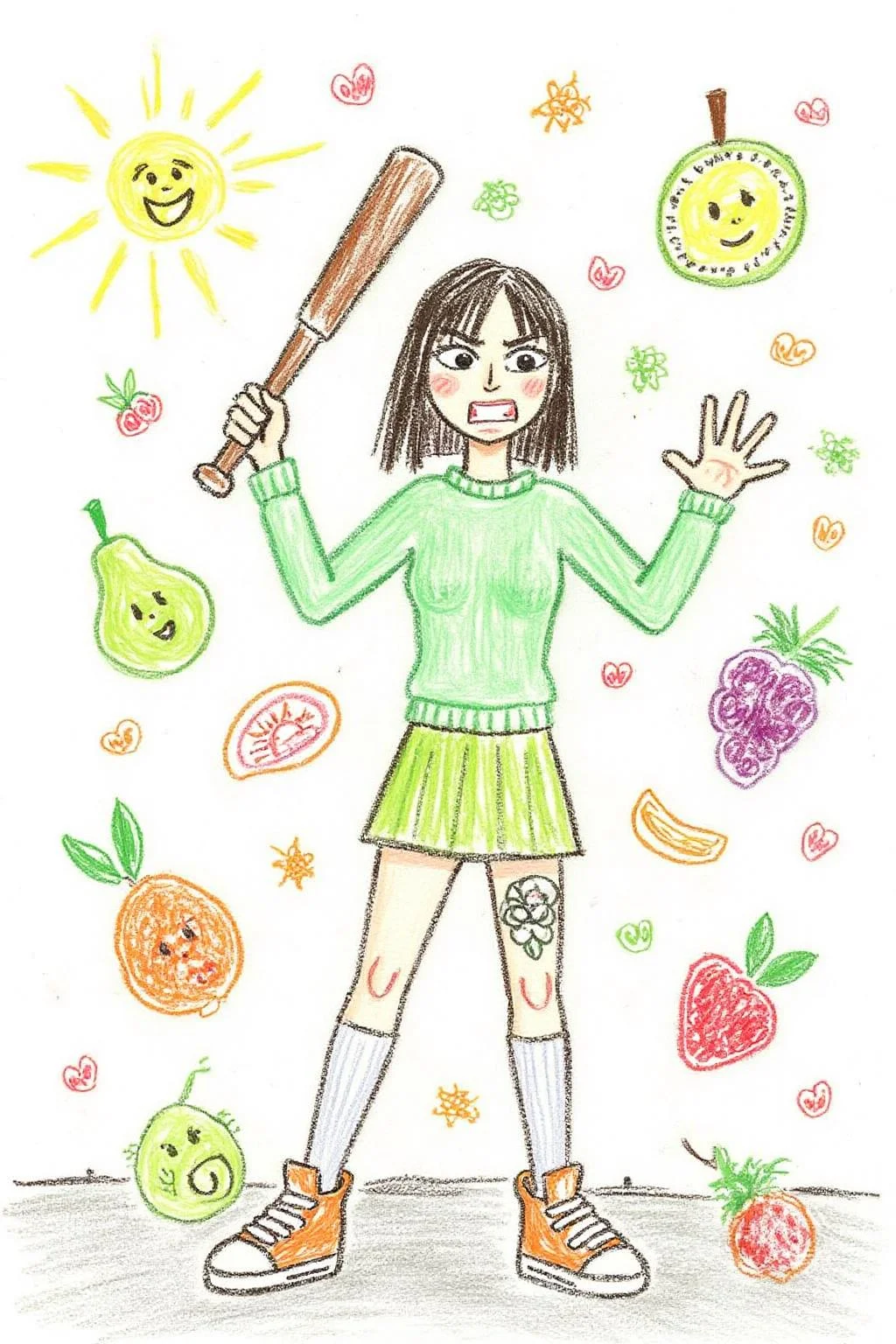 This is a colorful, whimsical drawing, depicting a simple, childlike illustration.
full body, liquid splash, cartoonish juicy fruits chaos, dynamic pose, dynamic camera, a fashion shoot, an illustration of a young woman threateningly holding a baseball bat in her hands, full body tattoo, wearing green short sweater, miniskirt, knee socks, orange sneakers, aggressive facial expression, wall with graffiti in the background. <lora:5yocrayon1_cap_d6a3e12:1.0><lora:822101176469397848:0>
