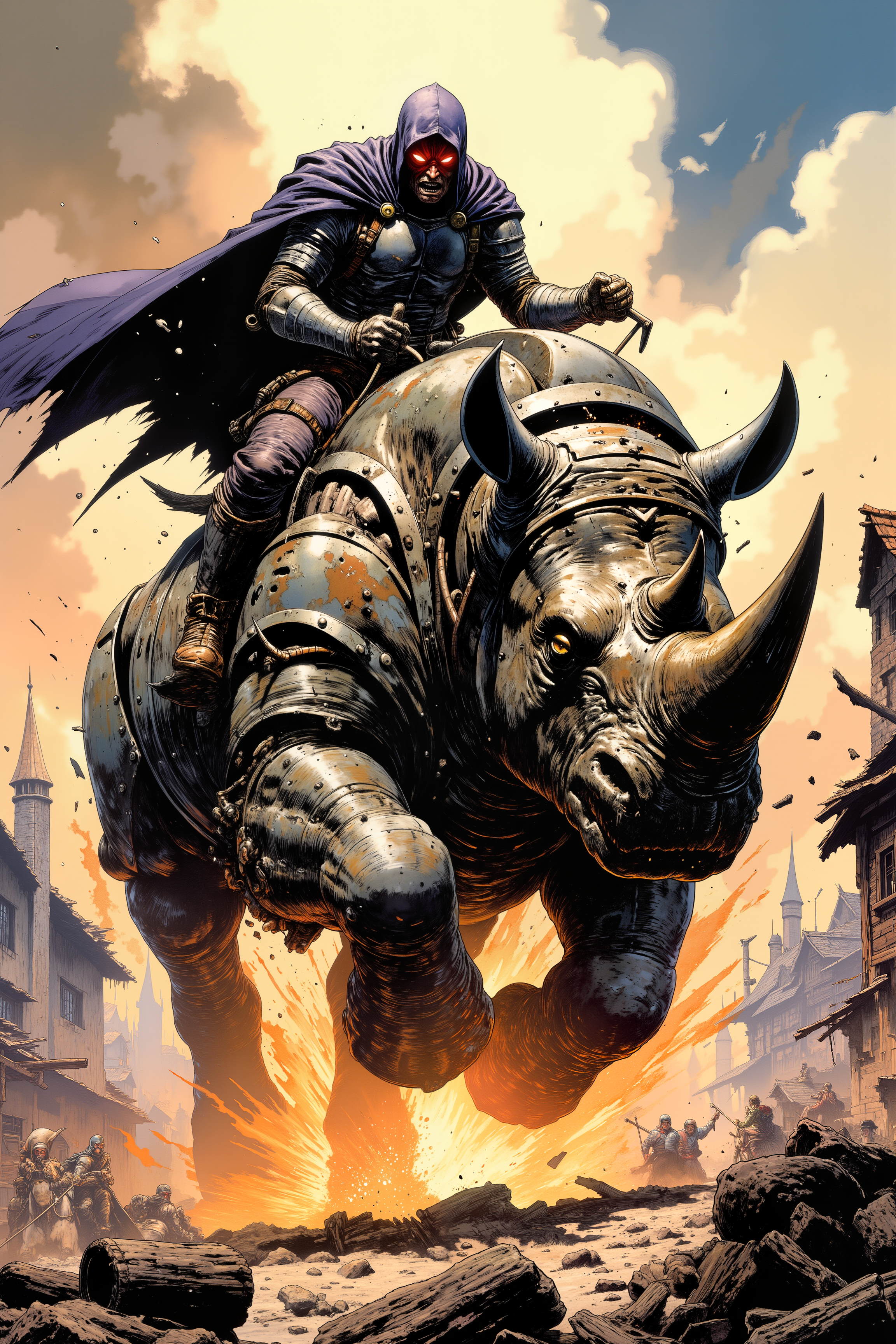 A rider clad in dark, battle-worn armor sits atop a massive, gleaming mechanical rhino, its metallic body bristling with gears, spikes, and steam vents. The rhino charges through the heart of a rustic village, its heavy metal hooves splintering wooden carts and sending debris flying. Sparks fly from its horn as it smashes through a stone wall, leaving a trail of chaos in its wake. The riderâs glowing red visor cuts through the smoke, and their tattered cape flutters wildly as the mechanical beast roars with a guttural, mechanical growl. Villagers scatter in panic, their silhouettes illuminated by the fires ignited in the rampage. <lora:Vintage comic book:1.5>