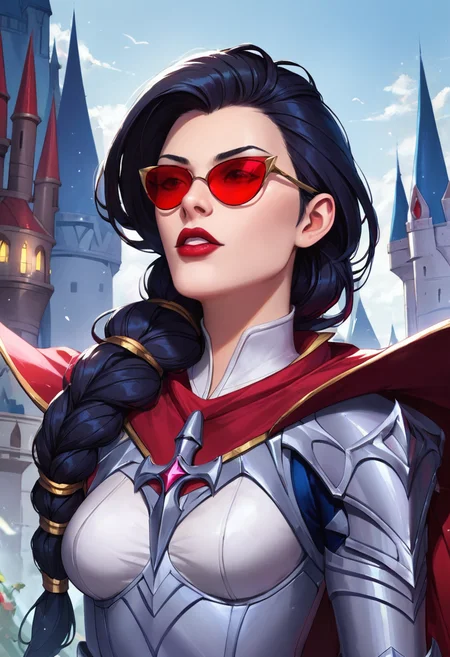 masterpiece,best quality, highly detailed, score_9, score_8_up, score_7_up, score_6_up,<lora:xl_more_art-full_v1:0.8>,source_anime,
BREAK
<lora:vayneXL:0.8>vayne, 1girl, solo, red-tinted eyewear, cape, tinted eyewear, red cape, long hair, black hair, upper body, breasts, red lips, holding, sunglasses, braid, weapon, parted lips, gauntlets, medium breasts,castle