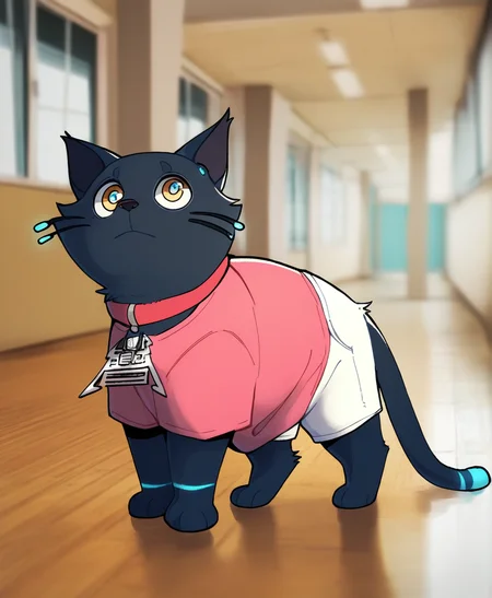 solo, 808, female, collar, whiskers, feral, pink t-shirt, white shorts, high school, inside, detailed background, by jinash, masterpiece, highly detailed, <lora:808HifiRushXL_051-Noob-nd32-na32-lr2-ep18:1>