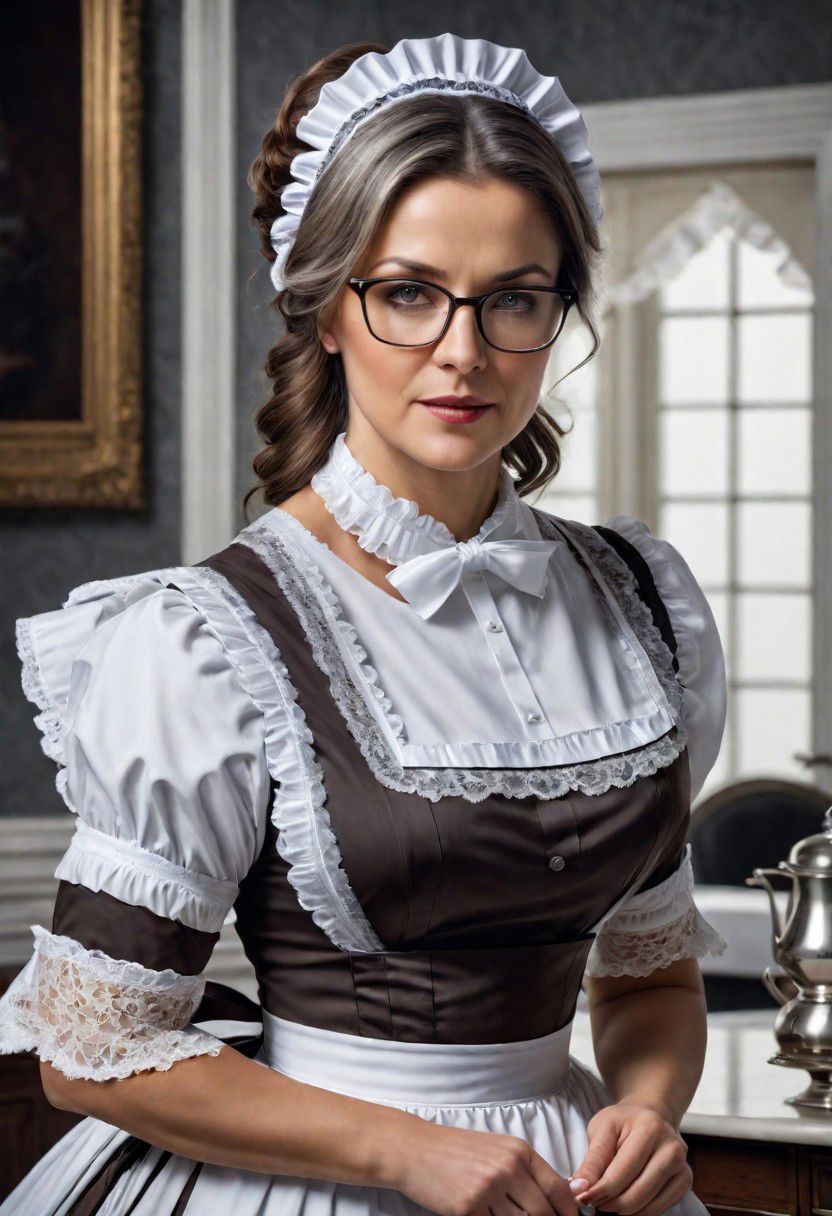 beautiful 45 year old woman, medium length brown hair streaked with gray, gray eyes, glasses, square face, rounded cheeks, hourglass figure, slightly overweight, victorian maid, standing in a victorian parlor