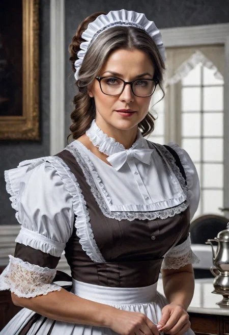 beautiful 45 year old woman, medium length brown hair streaked with gray, gray eyes, glasses, square face, rounded cheeks, hourglass figure, slightly overweight, victorian maid, standing in a victorian parlor