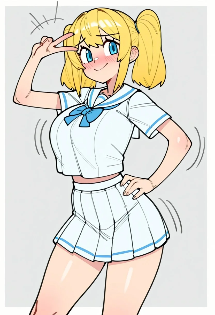 minkye, character portrait, cowboy shot, solo, 1girl, looking at viewer, blond hair, twintails, medium hair, large breasts, white school uniform, skirt, mid movement, peace, smile, blushing, motion lines, effects, pose, dynamic pose, on hand on hip