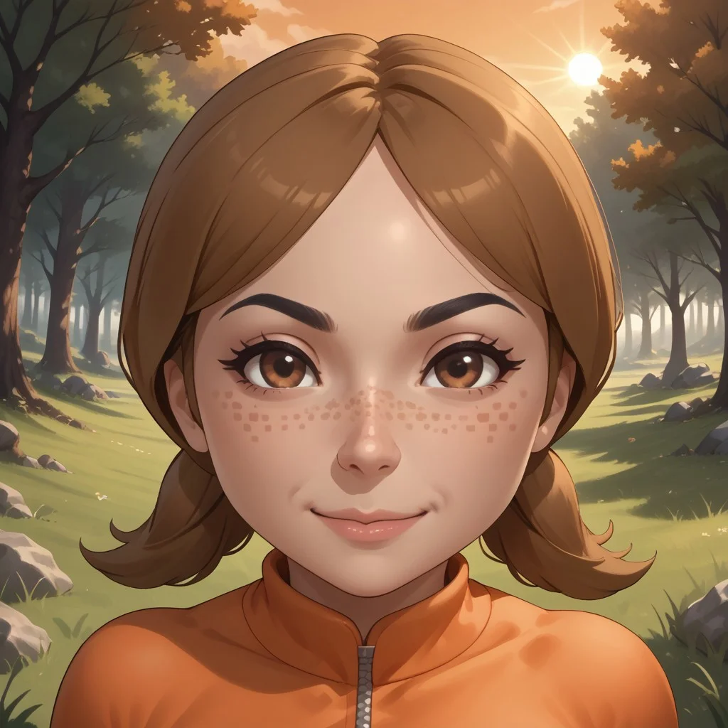 score_9, score_8, BREAK, solo, mii, wii, wii sports, 1girl, female mii, dark blonde hair, low ponytails, white skin, brown eyes, freckles, smile, black eyebrows, orange clothing, black pants, breasts, shoes, cute, Lucía_(\Wii_Sports\), Nintendo Mii, modern_mii, classic_mii, sexy pose, self portrait, smile, outdoors, sunlight, shadows, evening lighting, natural lighting, forest, trees, grass, orange sky, sunset