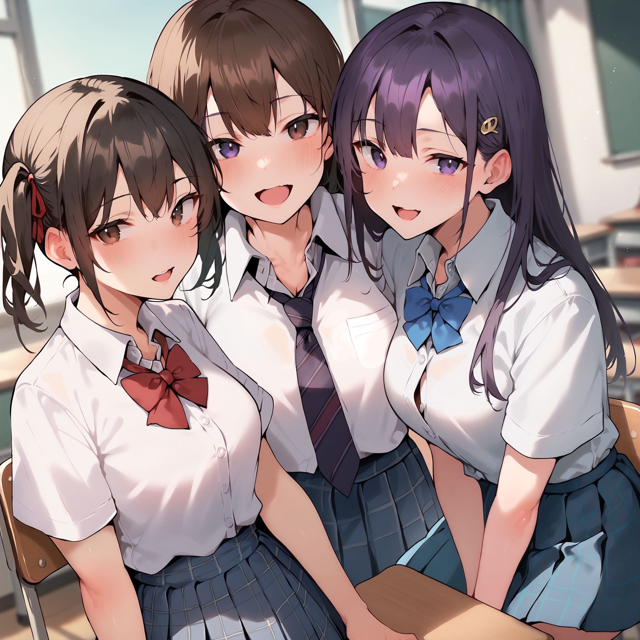 score_9, score_8_up, score_7_up, 3girls, multiple girls, breasts, smile, white shirt, shirt, shirt tucked in, purple eyes, skirt, medium breasts, blue eyes, school uniform, brown hair, necktie, purple hair, bangs, looking at viewer, short sleeves, blush, collared shirt, black hair, long hair, classroom, short hair, plaid skirt, twintails, indoors, bow, hair ribbon, bowtie, hair ornament, open mouth, plaid, desk, chair, ribbon, pleated skirt, dress shirt, tented shirt, red bowtie, closed mouth, brown eyes
,     <lora:Yuyu_PonyXL_dim32:1>