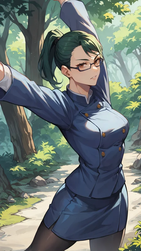 score_9,score_8_up,score_7_up,score_6_up, source_anime, zPDXL, <lora:xl_more_art-full_v1:0.5>, girl, dynamic pose, dark green hair, ponytail, glasses, brown eyes, jujutsu uniform, blue jacket, blue skirt, black leggings, stretching, <lora:Maki Zenin-000004:0.8>, boulders, mossy rocks, rockface, outdoors, nature, stream,