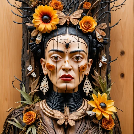 Portrait photo of Frida Kahlo reimagined as a decayed wooden totem, face covered in peeling bark, hair grown into tangled vines bearing wilting flowers, her iconic eyebrows carved into the wood, hollow eyes with dripping black resin, surrounded by a wall of insects frozen in amber, high-detail, earthy surreal tones, organic macabre aesthetic ,
<lora:Organic_Macabre:1>, <lora:add-detail-xl:0.6>