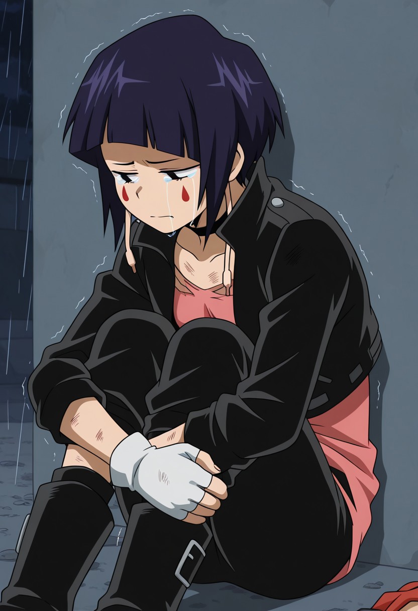 masterpiece, best quality, official style, anime screencap, anime coloring, 
BREAK 
1girl, solo, solo focus, illujiro, short hair, bangs, long earlobes, purple hair, black hair, black eyes, small breasts, facial mark, black jacket, collarbone, choker, white gloves, fingerless gloves, pants, pink shirt, black boots, injury, dirty, bruise, injury, cuts,
BREAK
(sad:1.5), (crying:1.5), (defeated:1.5), (trembling:1.5), 
BREAK 
sitting, (on ground:1.5), (against wall:1.5), (hugging self:1.5), (knees to chest:1.5), (knees up:1.5), (hugging own legs:1.5),
BREAK 
(from front:1.5), (cowboy shot:1.5),
BREAK 
outdoors, night, raining, alleyway, wall