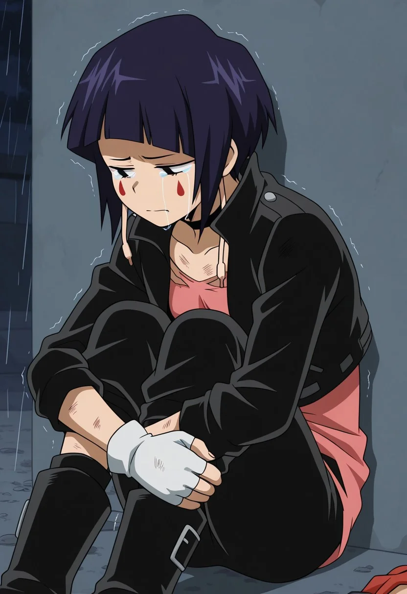 masterpiece, best quality, official style, anime screencap, anime coloring,
BREAK
1girl, solo, solo focus, illujiro, short hair, bangs, long earlobes, purple hair, black hair, black eyes, small breasts, facial mark, black jacket, collarbone, choker, white gloves, fingerless gloves, pants, pink shirt, black boots, injury, dirty, bruise, injury, cuts,
BREAK
(sad:1.5), (crying:1.5), (defeated:1.5), (trembling:1.5),
BREAK
sitting, (on ground:1.5), (against wall:1.5), (hugging self:1.5), (knees to chest:1.5), (knees up:1.5), (hugging own legs:1.5),
BREAK
(from front:1.5), (cowboy shot:1.5),
BREAK
outdoors, night, raining, alleyway, wall