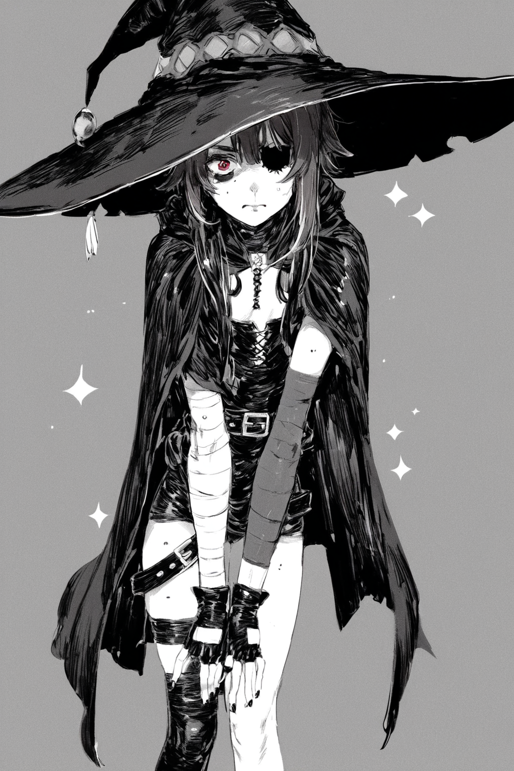 score_9, score_8_up, score_7_up, kono subarashii sekai ni shukufuku wo!, megumin, bandaged leg, bandages, belt, black belt, black cape, black gloves, black hat, black thighhighs, boots, brown footwear, brown hair, cape, chuunibyou, colored eyepatch, dress, eyepatch, fingerless gloves, gloves, hat, long hair, long sleeves, loose belt, one eye covered, red dress, red eyes, red nails, short dress, single thighhigh, thighhighs, witch hat, solo, solo focus, portrait, wide shot,high contrast, , Leaning forward with hands on the knees, <lora:godiva_bw:1>, (monochrome:1.5), (greyscale:1.5)