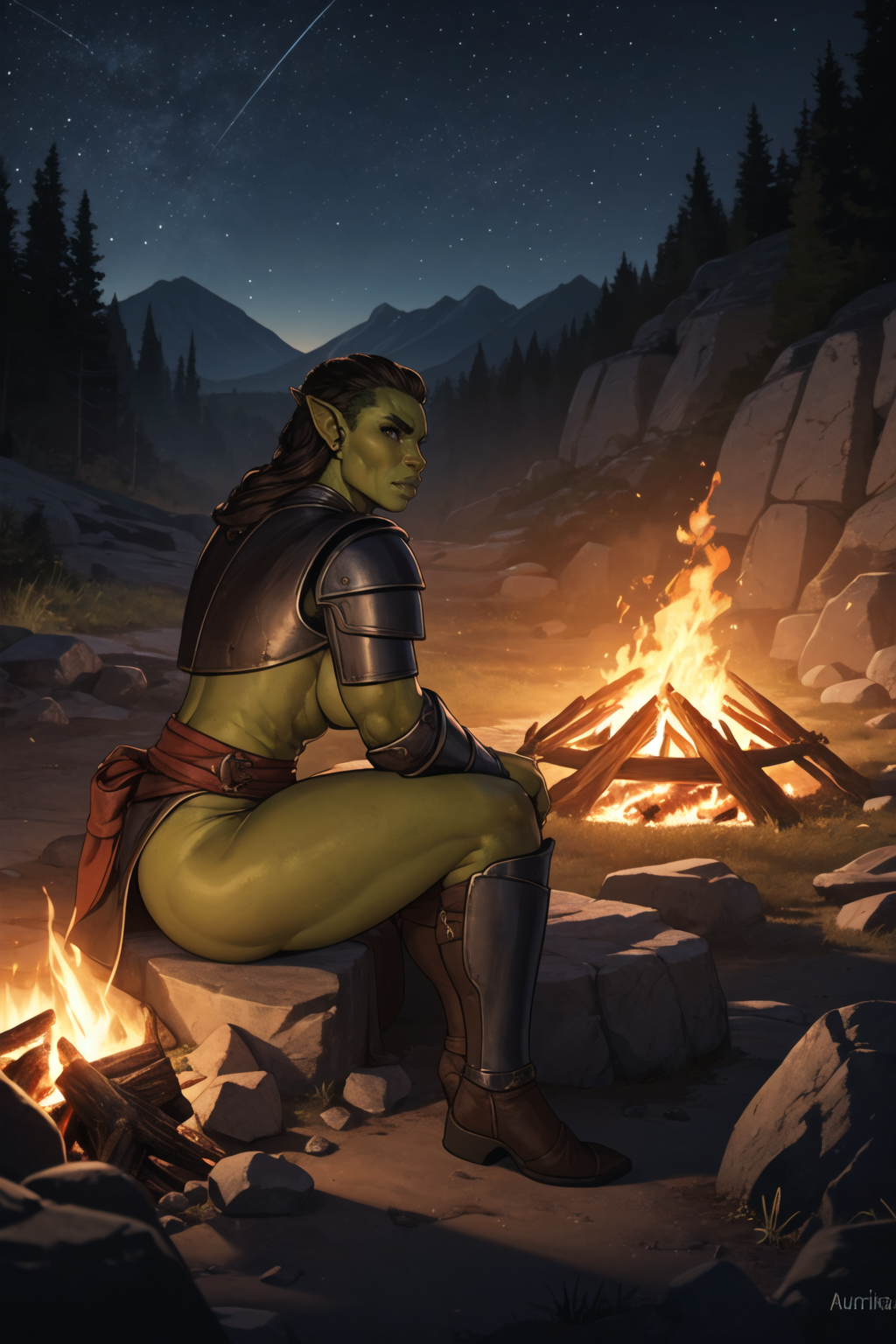 medieval fantasy, orc woman, tall female, muscular female, wearing fur trim brown leather armor, green skin, brown hair, half shaved hair, sitting on rock in dark valley, from side, looking at viewer, night time, campfire, fire glow, strong lighting,