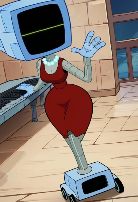score_9, score_8_up, score_7_up BREAK, KarenSB, 1girl, robot girl, metal body, blue computer head, black screen, wheels, pearl necklace, sleeveless red dress, neon green led smiling face, busty, curvy, big breasts, big hips,
