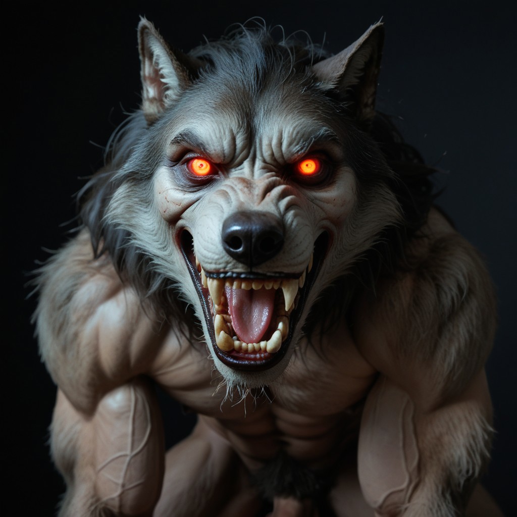 horror movie, still ,werewolf ,photo ,score_9_up ,score_8_up, score_7_up, action scene ,movie still ,no humans ,open mouth teeth, wolf looking at viewer realistic glowing solo glowing eyes black background horror (theme) animal focus animal sharp teeth white eyes fangs realistic nsfw muscular male muscular penis large pectorals male focus abs nipples pectorals bara best quality masterpiece 4k uncensored prefect lighting rating_explicit horror very aesthetic
