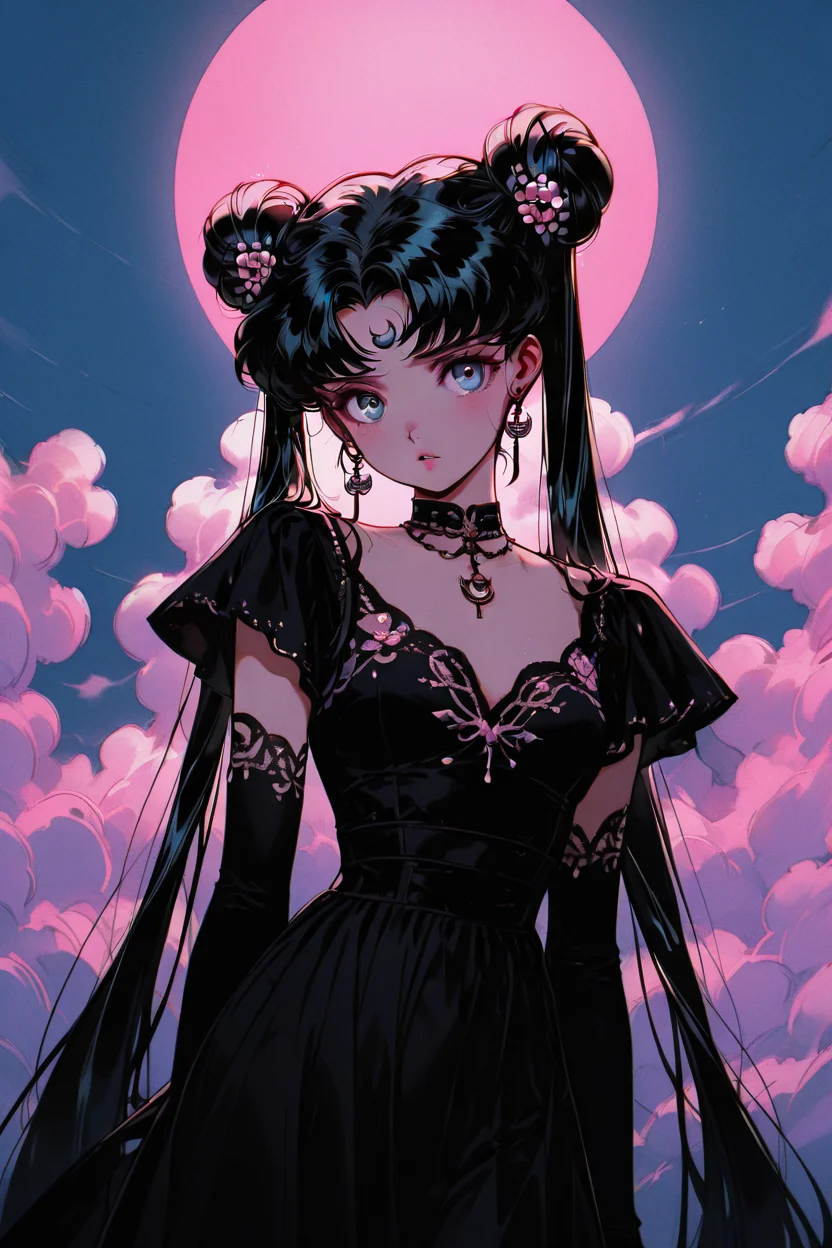 masterpiece, best quality, 1girl, solo, eyelashes, (beautiful eyes), pink neon, 1girl, solo, long hair, looking at viewer, bangs, blue eyes, black hair, hair ornament, dress, twintails, jewelry, very long hair, collarbone, earrings, detached sleeves, sky, alternate costume, choker, cloud, hair bun, black dress, parted bangs, double bun, facial mark, moon, crescent, full moon, forehead mark, black sleeves, film grain, crescent earrings, crescent facial mark, tsukino usagi, long hair, looking at viewer, blue eyes, black hair, hair ornament, very long hair, flower, short sleeves, parted lips, detached sleeves, alternate costume, hair flower, hair bun, black dress, parted bangs, double bun, facial mark, lace, forehead mark, skirt hold, limited palette, crescent earrings, crescent facial mark, tsukino usagi ,<lora:GothRetroIXL:1.0>,