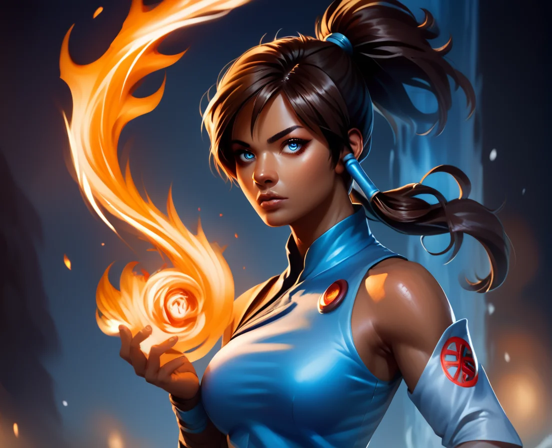 <lora:element_blend:0.8>,detail,score_9, score_8_up, score_7_up, score_6_up, score_5_up, score_4_up,
elementalfusion, , 1girl, solo, dark skin, blue eyes, dark-skinned female, fire, brown hair, ponytail, long hair, hair tubes, water