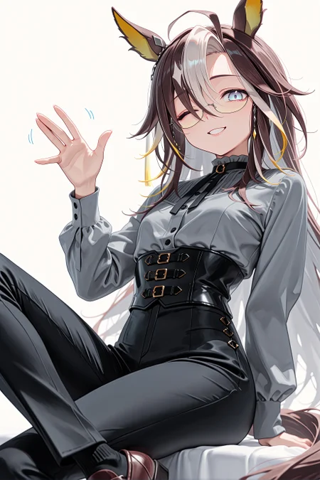 1girl, solo, dream journey \(umamusume\), horse girl, horse tail, umamusume, glasses, alternate costume,
casual, grey shirt, long sleeves, black pants, high-waist pants, brown footwear, black corset,
smile, one eye closed,
sitting, waving,
white background,
cowboy shot, from below, dutch angle, looking at viewer, <lora:dreamjourneyillv3:0.9>,
masterpiece, best quality, amazing quality, very aesthetic, absurdres, highres, newest, <lora:xl_saturation_slider:0.1>, <lora:add-detail-xl:1>, <lora:illustriousXLv01_stabilizer_v1.164:0.4>, <lora:reduce_wrinkles_illstriouosv0.1_ADDifT_2_in_1_v1.2:0.9>,
