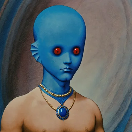 masterpiece,high resolution,8k, fantasticplanet, a blue alien with red eyes and a body painted blue with gold thick necklace