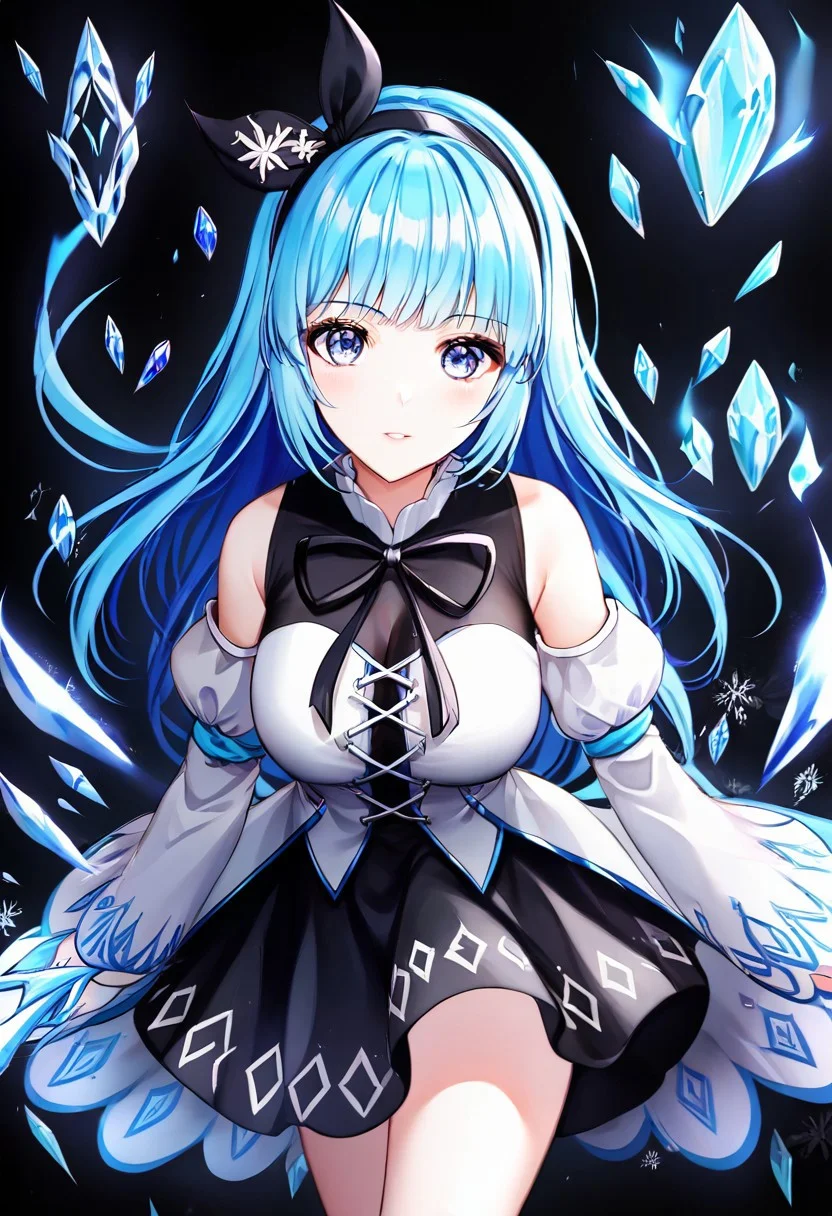 By bad artist, easynegative, verybadimagenegative_v1.3, eye catching, drab, 1girl, Arch Mage, Main Dress, Long Blue Hair, Black Bunny Ears Headband, looking at viewer, close up, from above, ice magic, simple black background, motion blur, glow