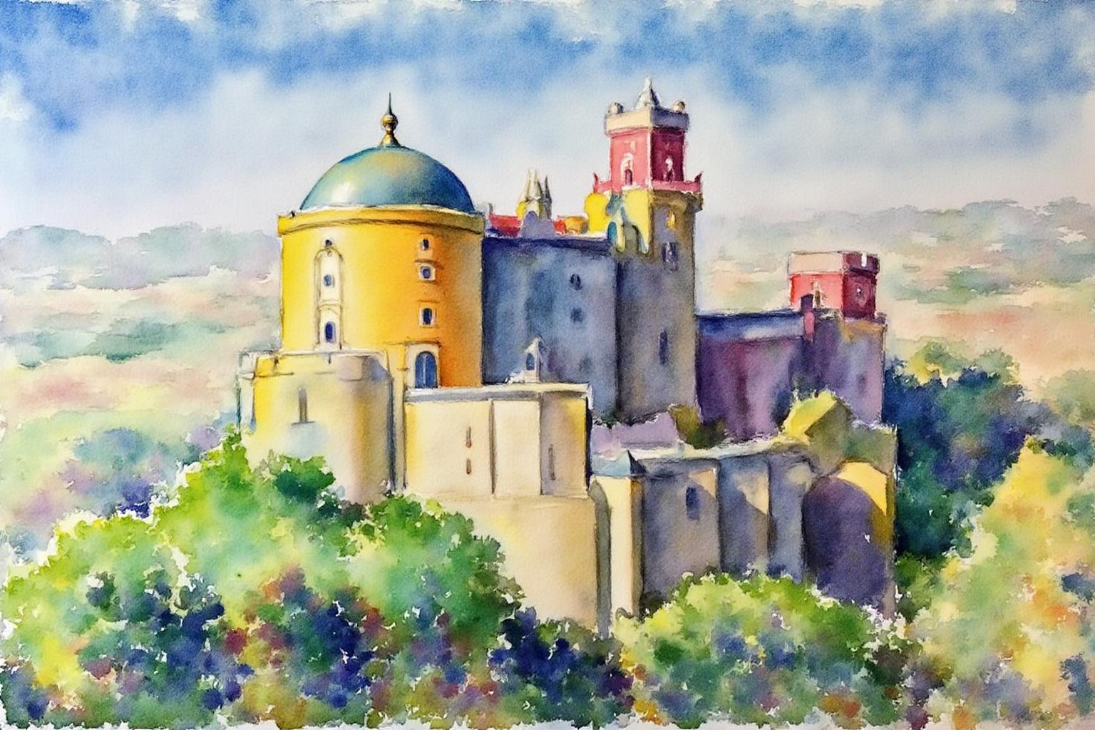 watercolor. 
The Pena Palace, a colorful and ornate castle located in Sintra, Portugal, with yellow and ochre walls, a large blue-green dome, and various red and beige towers.
 <lora:watercolor1_nbm_cap_d6a3e12:1.0><lora:838784538843809498:0>