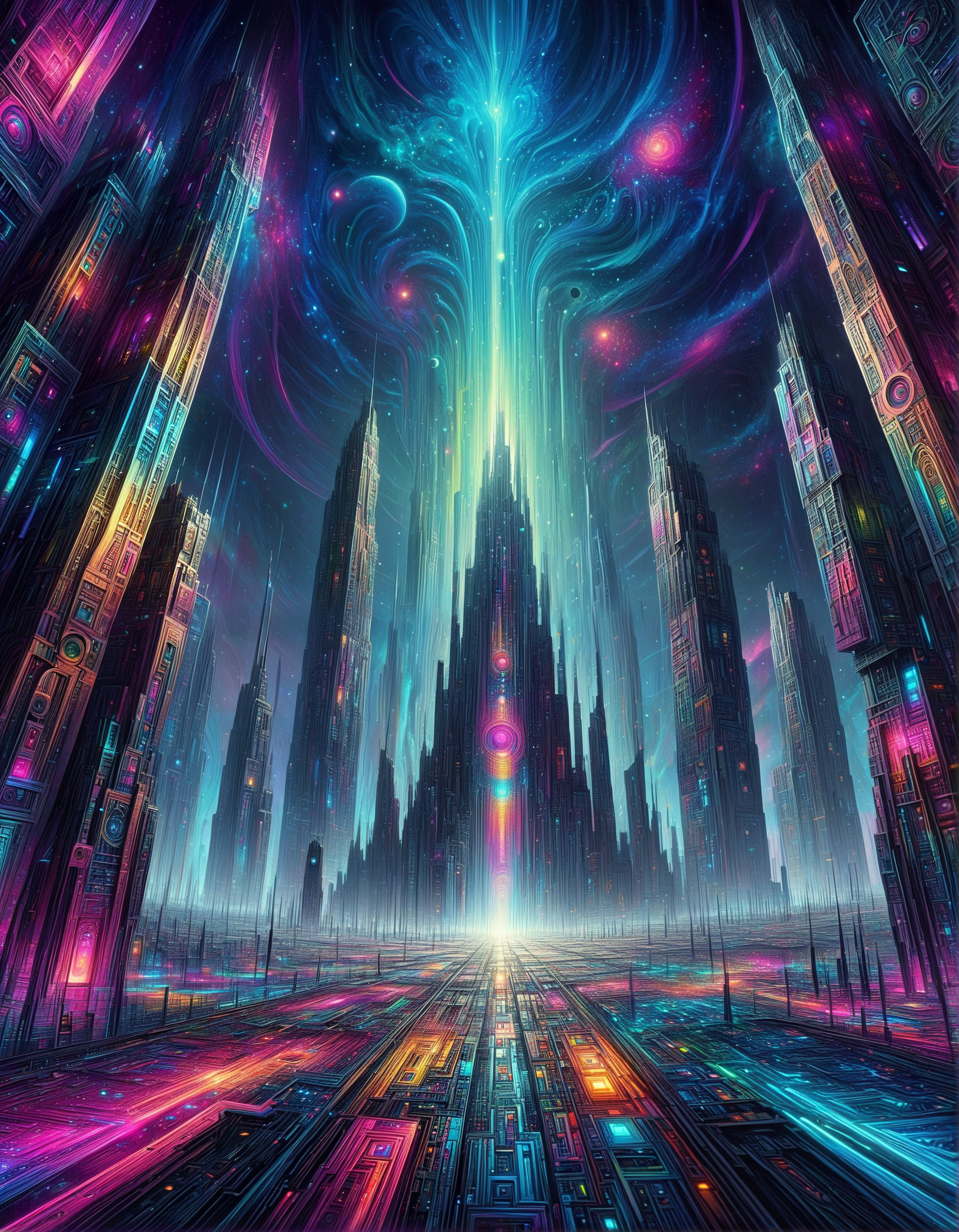trippy artwork, illustration, abstract, vibrant, sci-fi city, gigantic buildings, intricate architecture, colorful neon lights, nebula sky, dark, eerie, high contrasts