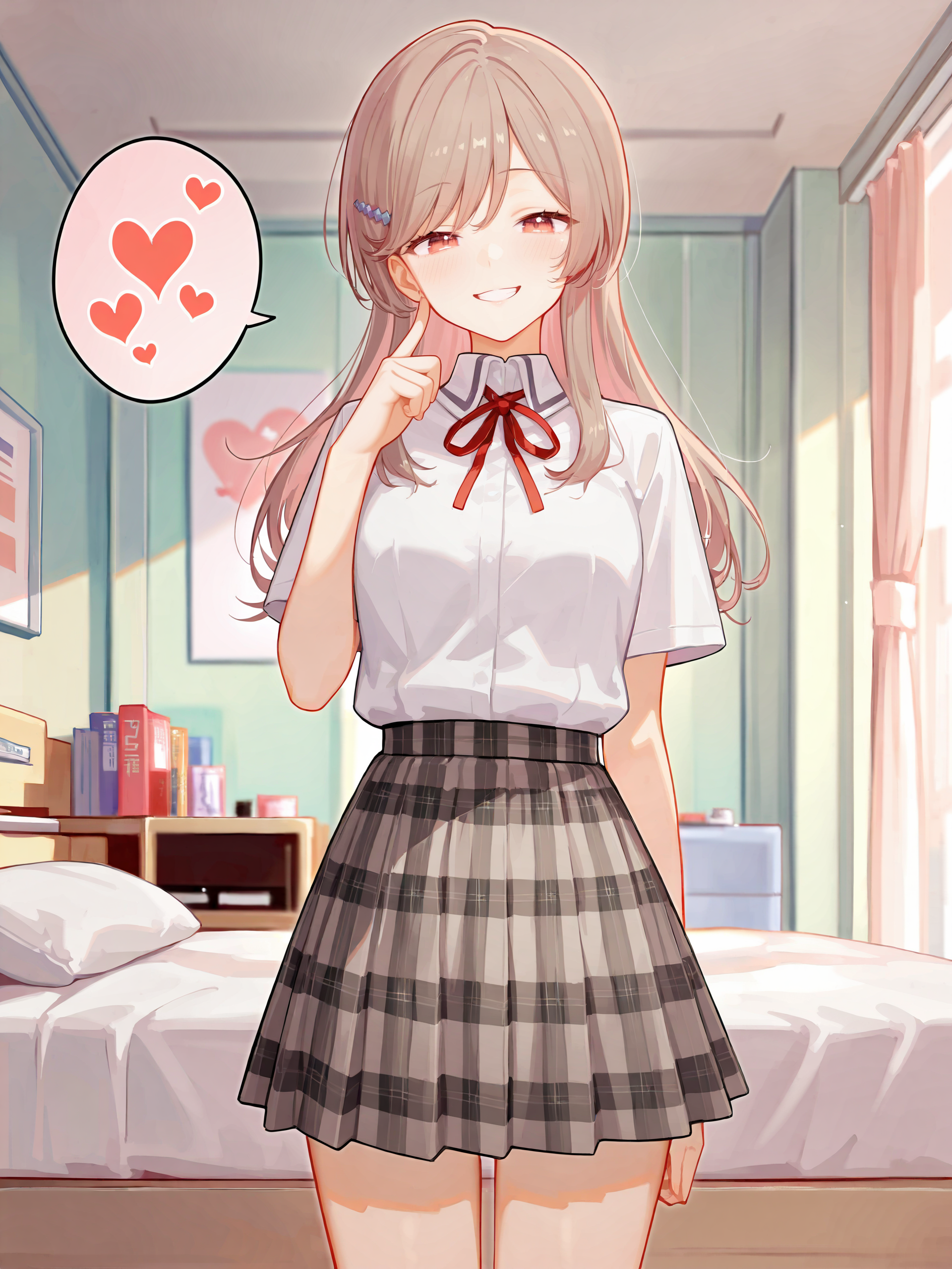 1girl, sena ajisai, hairclip, solo, school uniform, pleated skirt, plaid skirt, white collared shirt, neck ribbon, looking at viewer, seductive smile, ecstasy, gasping, finger to cheek, standing, cowboy shot, bedroom, indoors, blurry background , <lora:Char-Sena_Ajisai-V1-IL:0.9>
masterpiece, best quality, amazing quality, very aesthetic, absurdres, (ask \(askzy\), hiten \(hitenkei\):0.7), perfect features, intricate details, ray tracing, <lora:XL-aesthetic_anime:1:hr=0.1>, <lora:XL-detailed_notrigger:1:hr=0.5>