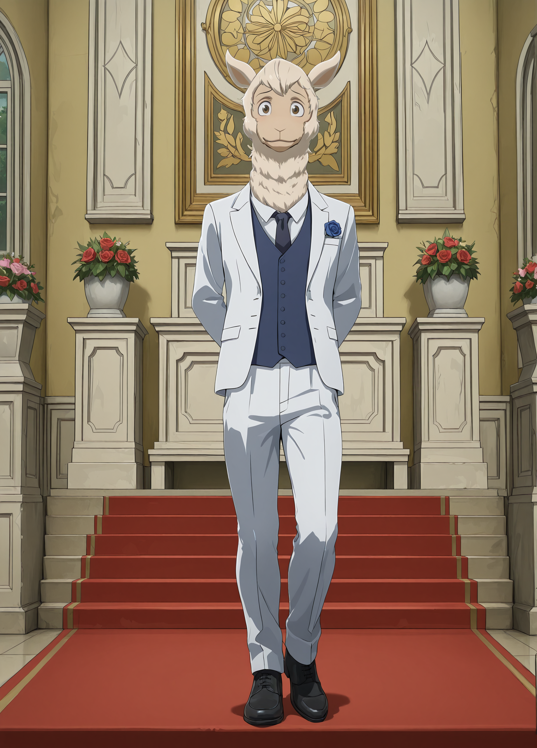 masterpiece, best quality, amazing quality, very aesthetic, absurdres, newest, high quality, detailed, 
BREAK, <lora:Tem_Beastars:1>, male, solo male, Tem, 1boy, mature male, male, anthro, alpaca, animal ears, brown eyes, light skin, white wool, petite,
BREAK, tuxedo, 
BREAK, full body, wedding, wedding altar, nervous, smile, happy, looking at viewer,