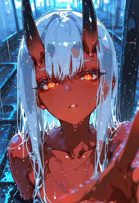 masterpiece, best quality, good quality, newest, highres, absurdres, uncensored,
BREAK 
detail background, very awa, absolutely eye-catching, (beautiful face), 
BREAK
amazing quality, best quality, ultra-detailed, 8K, illustration, CG, ultra-detailed-eyes, cute girl, eyelashes
BREAK
(sexy, slutty, hot, aroused) (only girl, solo foucus) 
Aka-Oni, oni, colored skin, red skin, smooth horns, black horns,
BREAK 
parted lips, seductive expression, wet hair, wet, collarbone, 
BREAK 
reaching, foreshortening, anime coloring, flat color, glowing theme, 1girl, portrait, looking at viewer, outdoors, rain, unusually open eyes, vanishing point, depth of field, ultra-detailed eyes, slit pupils,