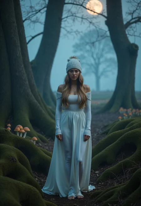A breathtaking, photorealistic image of a human, modern interpretation of Schlumpfine, standing in a mystical, fog-laden forest at twilight. She has delicate yet striking features, with fair, radiant aidmarealisticskin and long, flowing golden hair cascading down her back in soft waves. A snug, stylish white beanie rests on her head, adding a contemporary touch to her ethereal look. Her deep, expressive eyes hold a sense of curiosity and mystery, framed by long, dark lashes. She wears a fashionable yet effortlessly elegant white dress that drapes over her slender form, busty breasts, blending classic fairy-tale charm with a modern, cozy aesthetic.
The surrounding forest is dense with towering, ancient trees, their gnarled roots weaving through the moss-covered ground. A soft, glowing mist swirls around her feet, illuminated by beams of dramatic moonlight breaking through the canopy above. Tiny, bioluminescent mushrooms and fireflies cast an enchanting, dreamlike glow throughout the scene. The air feels thick with magic and secrecy, as if the woods are alive with unseen forces.
Captured in ultra-detailed 8K resolution with cinematic, moody lighting, the image conveys a perfect fusion of fantasy, mystery, and modern elegance. The interplay of soft golden light and deep blue shadows enhances the contrast, making her appear both otherworldly and beautifully human in this mystical, hidden realm.