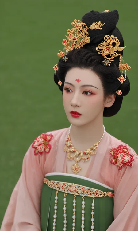 Top photography works, masterpiece, best quality, newest, absurdres, highres,
(1girl/gsfh, hwf, solo, hair ornament, jewelry, necklace, realistic, black hair, portrait, lips, red hanfu, wedding, makeup, updo, full chest, Focus on the face, Focus on the eyes, very detail face, very beautiful face, very clear face, very clear eyes, perfect black eyes),
from behind looking back,
masterpiece, best quality, amazing quality, very aesthetic, absurdres, newest, haute couture,
minimalistic composition, (dark green background details/Peony pattern, Peony), floating hair,
light from one side, dark shadow,
masterwork, masterpiece, best quality, dynamic lighting, detailed, depth of field, dynamic lighting,