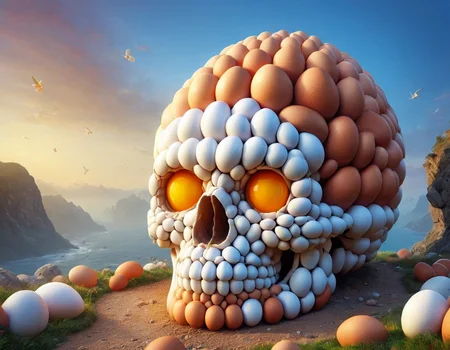 funny digital art of a skull made of eggs, cliff landscape background, masterpiece, absurdres, vibrant, dynamic angle, dynamic pose, dramatic light, highly detailed, scenery, no humans, <lora:EggsMorph:1>,