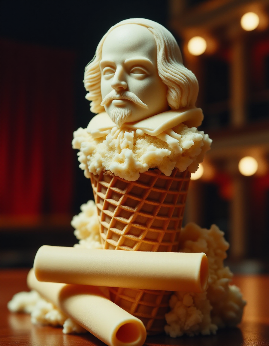 A classic ice cream figure shaped like William Shakespeare, with curled creamy layers forming his Elizabethan collar. His face has delicate folds, mimicking the expressive features of a writer lost in thought. The waffle cone transitions into the base of a parchment scroll, symbolizing his literary legacy. The background features an old theater stage with dramatic lighting.
<lora:ice-cream-cone-flux:1>