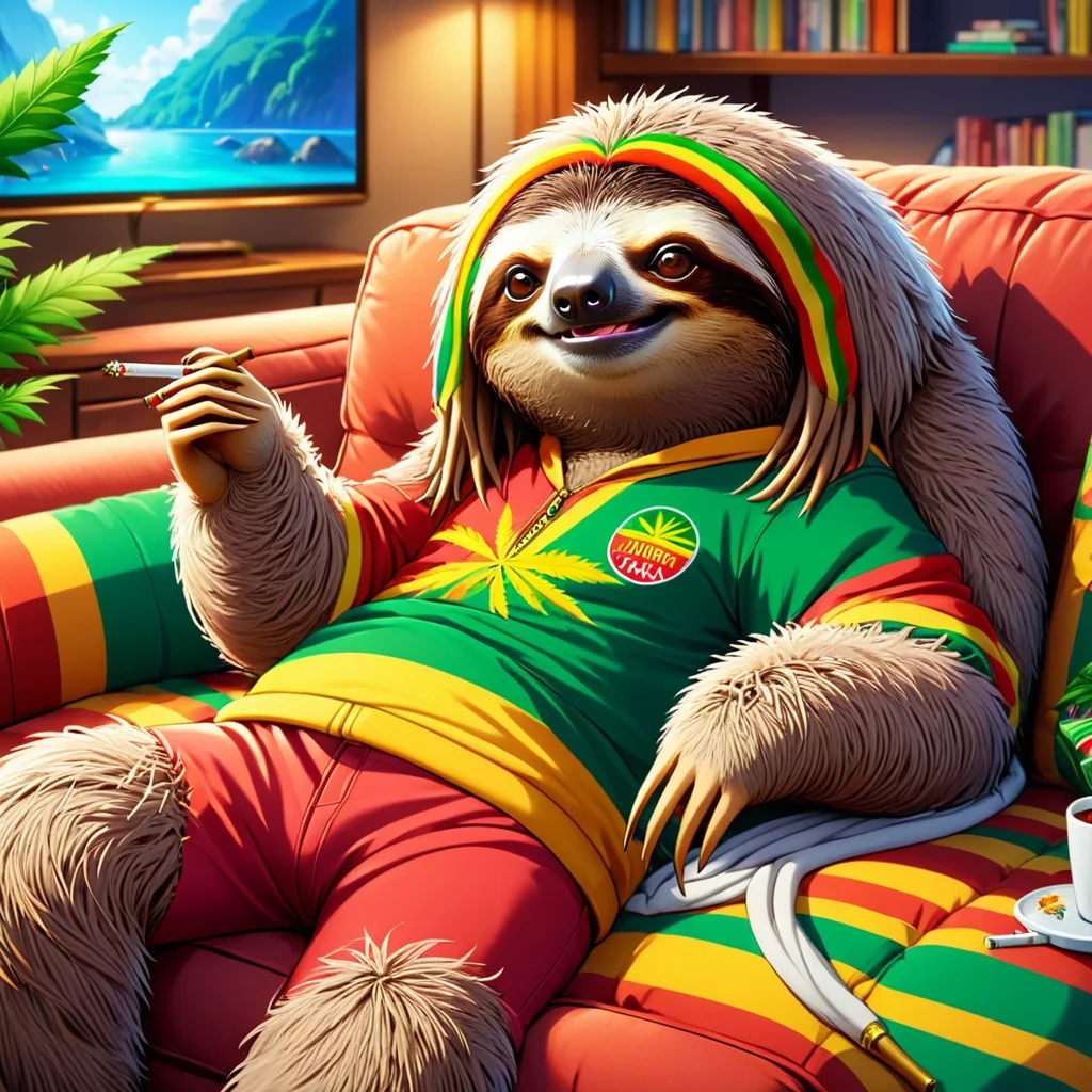 anime artwork <lora:sl0th-000007:0.7> sl0th, sloth wearing rastacap and rastafarian outfit, smoking marijujana joint, laying on a big comfy couch, Zip2D, anime style, key visual, vibrant, studio anime, highly detailed