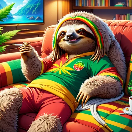 anime artwork <lora:sl0th-000007:0.7> sl0th, sloth wearing rastacap and rastafarian outfit, smoking marijujana joint, laying on a big comfy couch, Zip2D, anime style, key visual, vibrant, studio anime, highly detailed