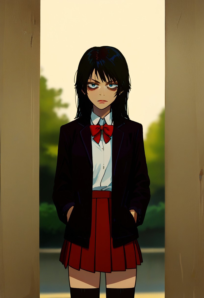 score_9, score_8_up, score_7_up, source_anime, anime screencap, cinematic film still of <lora:Kill Bill style:1> Cinematic film image of Gogo Yubari a woman in a skirt and jacket,1girl,solo,long hair,looking at viewer,bangs,skirt,shirt,black hair,long sleeves,,school uniform,white shirt,pleated skirt, black socks,red bowtie, Kodak film grain, dramatic light, dramatic shadow light, contrast, saturated color, cinematic, filmic, motion picture, realistic, realism, perfection, perfect, deep focus, clean image, Kill Bill style, Kill Bill Film Style, shallow depth of field, vignette, highly detailed, high budget, bokeh, cinemascope, moody, epic, gorgeous, film grain, grainy, (cowboy shoot:1.3), hands in pocket, black jacket, narrow pelvis, outdoors, park, moon, detailed background, lips like angelina, dar cicles under her eyes, bags under eyes