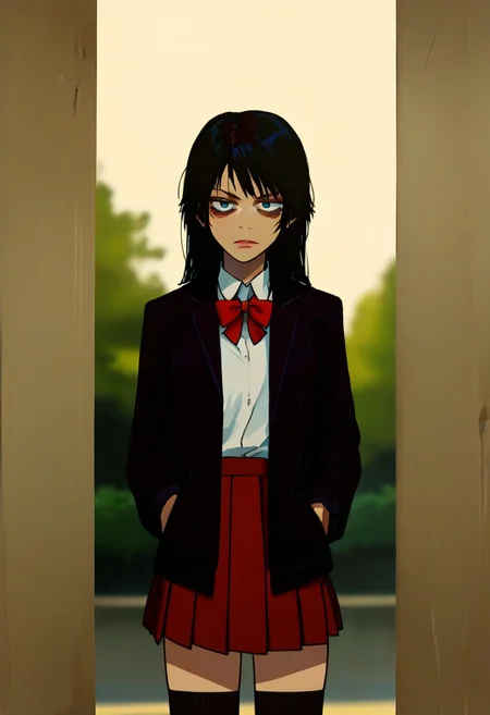 score_9, score_8_up, score_7_up, source_anime, anime screencap, cinematic film still of <lora:Kill Bill style:1> Cinematic film image of Gogo Yubari a woman in a skirt and jacket,1girl,solo,long hair,looking at viewer,bangs,skirt,shirt,black hair,long sleeves,,school uniform,white shirt,pleated skirt, black socks,red bowtie, Kodak film grain, dramatic light, dramatic shadow light, contrast, saturated color, cinematic, filmic, motion picture, realistic, realism, perfection, perfect, deep focus, clean image, Kill Bill style, Kill Bill Film Style, shallow depth of field, vignette, highly detailed, high budget, bokeh, cinemascope, moody, epic, gorgeous, film grain, grainy, (cowboy shoot:1.3), hands in pocket, black jacket, narrow pelvis, outdoors, park, moon, detailed background, lips like angelina, dar cicles under her eyes, bags under eyes