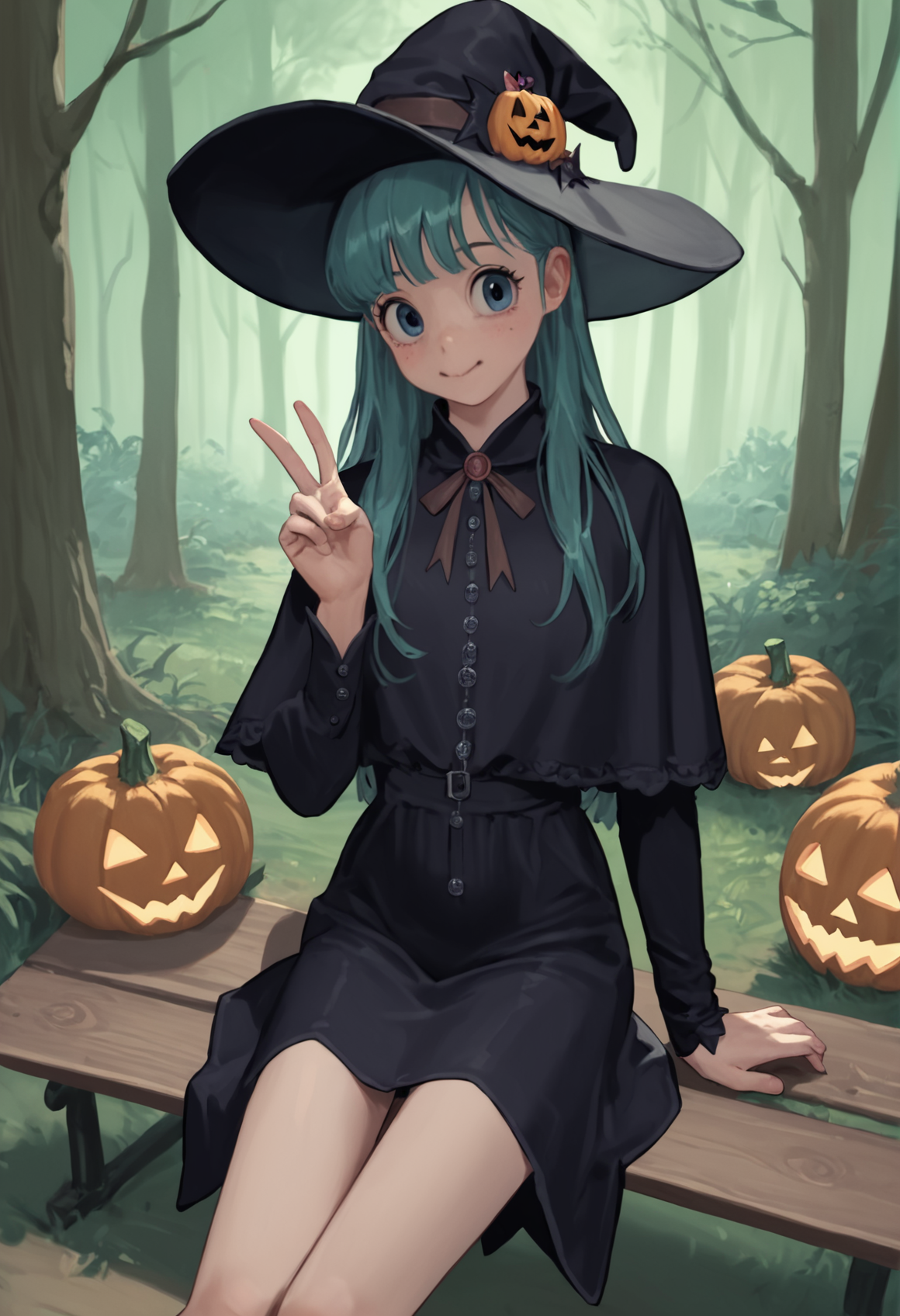 score_9,score_8_up,score_7_up,score_6_up, solo, 1girl, cute, bulma, adult, long hair, slim, sitting, bench, witch hat, witch clothes, v hand, cowboy shot, pose, pumpkins, dark forest, h1r4m3d0us4,  <lora:HIRAMEDOUSA_Style:0.8>