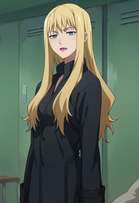 score_9,score_8_up,score_7_up,score_6_up,score_5_up,score_4_up,anime coloring,source_anime,<lora:Brita_Darker_than_Black_Pony:0.8>,brita,1girl,solo,blue eyes,blonde hair,long hair,lipstick,black coat,standing,indoors,