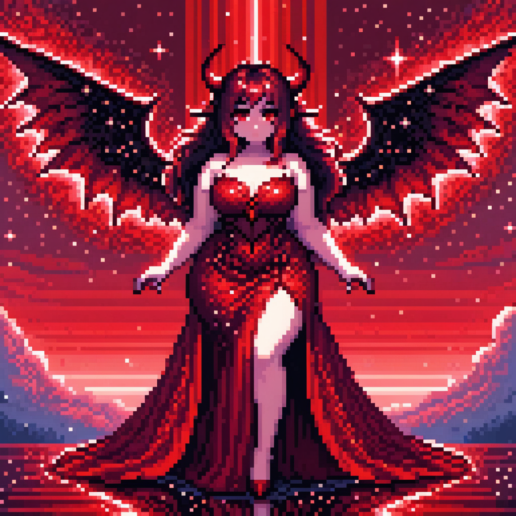 score_9, score_8_up, score_7_up, score_6_up, detailed pixel art:1.6, solo female, curvy, demon:0.4, red dress, wings, red skies, sparkles <lora:UwU_Pixels:1>