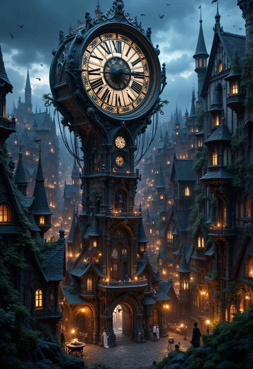 Image of a medieval city with a giant clock in the middle best quality, whimsical, fantastic, splash art, intricate detailed, hyperdetailed, photorealistic, concept art, harmony, serenity, tranquility, glow, glowing, ambient occlusion, halation, cozy ambient lighting, dynamic lighting,masterpiece, liiv1, linquivera, metix, mentixis, masterpiece, award winning,