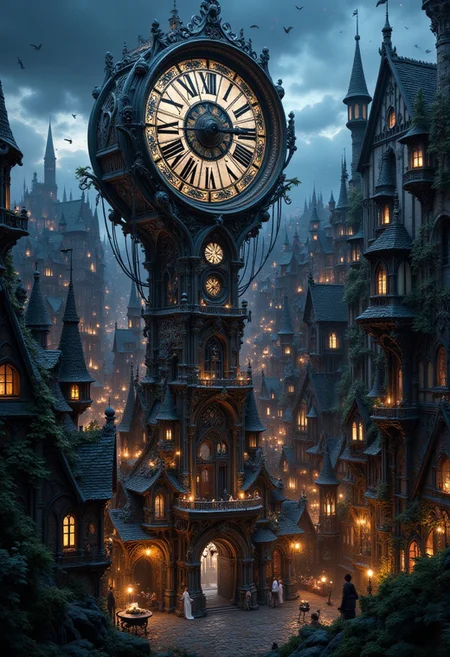 Image of a medieval city with a giant clock in the middle best quality, whimsical, fantastic, splash art, intricate detailed, hyperdetailed, photorealistic, concept art, harmony, serenity, tranquility, glow, glowing, ambient occlusion, halation, cozy ambient lighting, dynamic lighting,masterpiece, liiv1, linquivera, metix, mentixis, masterpiece, award winning,