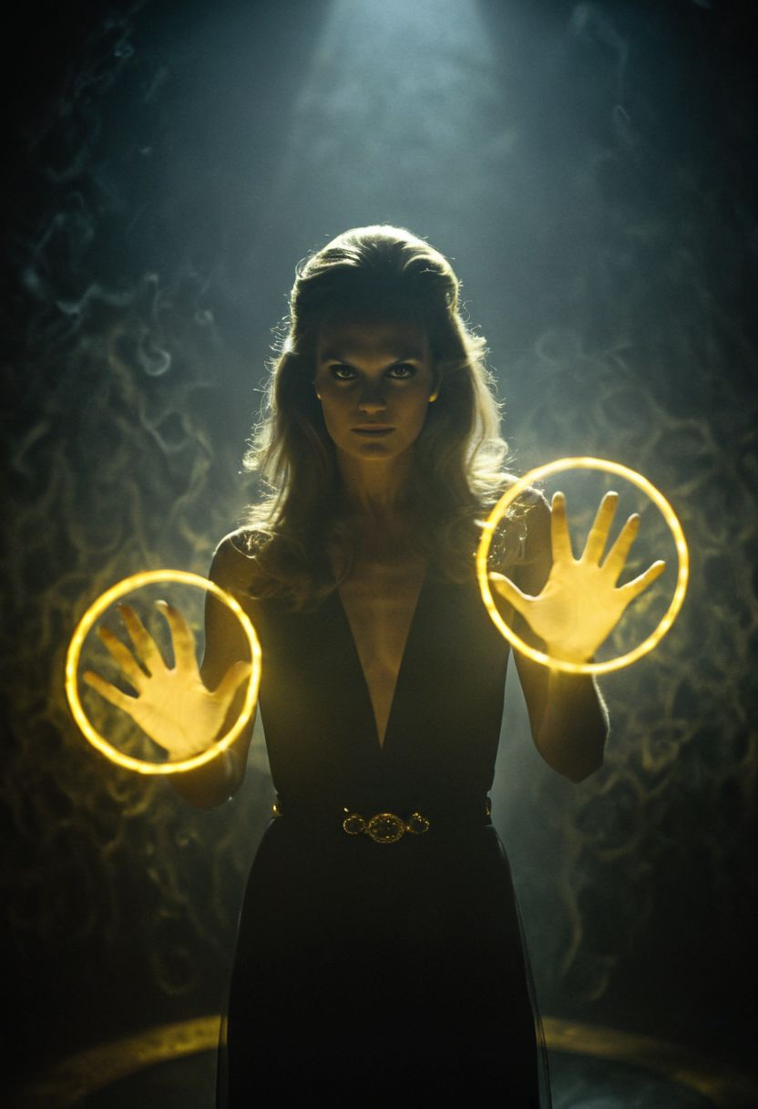 Bama1966 Style, Describe the silhouette of catwomans glitched hands casting circular spells, circular vibrant glowing yellow rings in each hand,  against a bleaked black backdrop in the style of the iconic 1977 James Bond opening sequence, shrouded in black silhouette, illuminated from behind by a spotlight cutting through mist.
atmospheric haze, Film grain, cinematic film still, highly detailed, high budget, cinemascope, moody, epic, OverallDetail, gorgeous, 2000s vintage RAW photo, photorealistic, candid camera, color graded cinematic, eye catchlights, atmospheric lighting, skin pores, imperfections, natural, shallow dof,