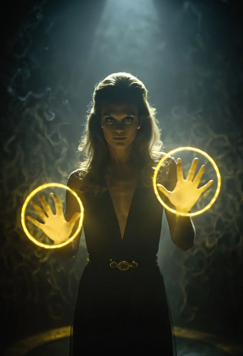 Bama1966 Style, Describe the silhouette of catwomans glitched hands casting circular spells, circular vibrant glowing yellow rings in each hand, against a bleaked black backdrop in the style of the iconic 1977 James Bond opening sequence, shrouded in black silhouette, illuminated from behind by a spotlight cutting through mist.
atmospheric haze, Film grain, cinematic film still, highly detailed, high budget, cinemascope, moody, epic, OverallDetail, gorgeous, 2000s vintage RAW photo, photorealistic, candid camera, color graded cinematic, eye catchlights, atmospheric lighting, skin pores, imperfections, natural, shallow dof,